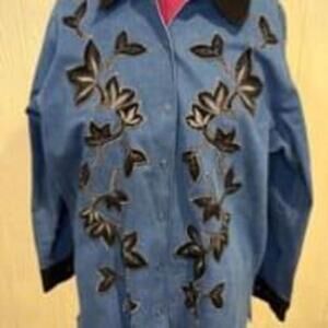 Women's Victor Costa Occasion Blue Embroidered Denim Shirt 1X